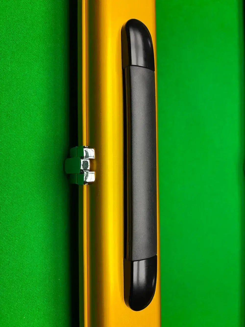 gold cue case with a black handle