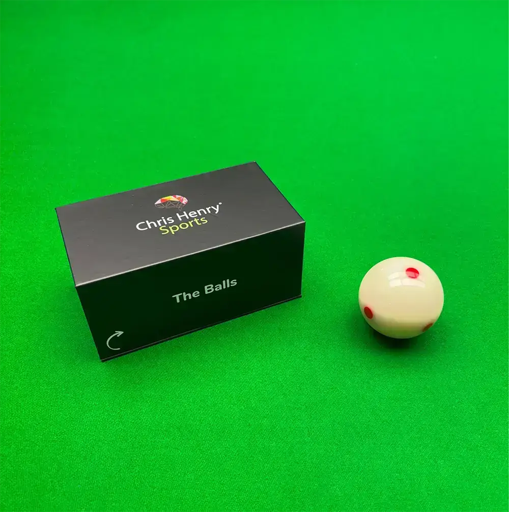 Box of Chris Henry Sports snooker balls with a spotted cueball