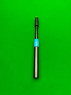 A black adjustable snooker cue extension with a bright blue accent band, positioned vertically on a solid green background.