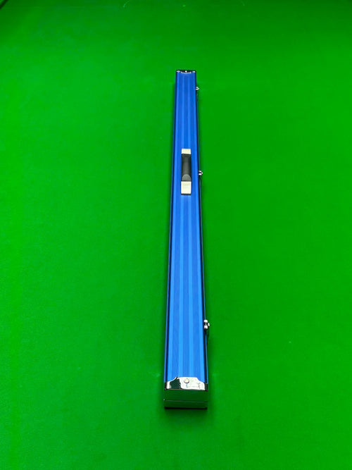 Blue snooker cue case on a green snooker table