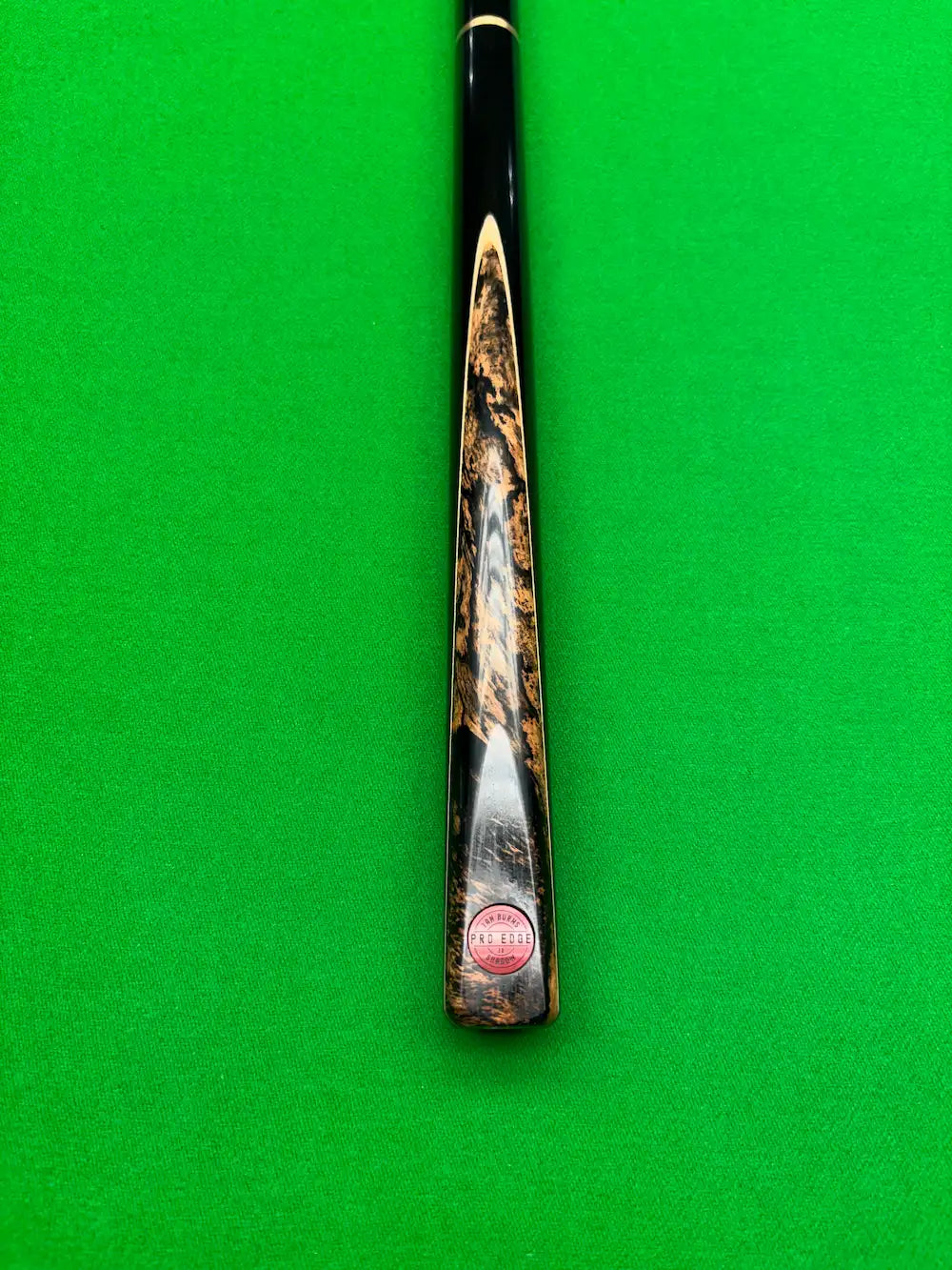 pro edge snooker cue with an Ebony and Walnut Burl splice butt