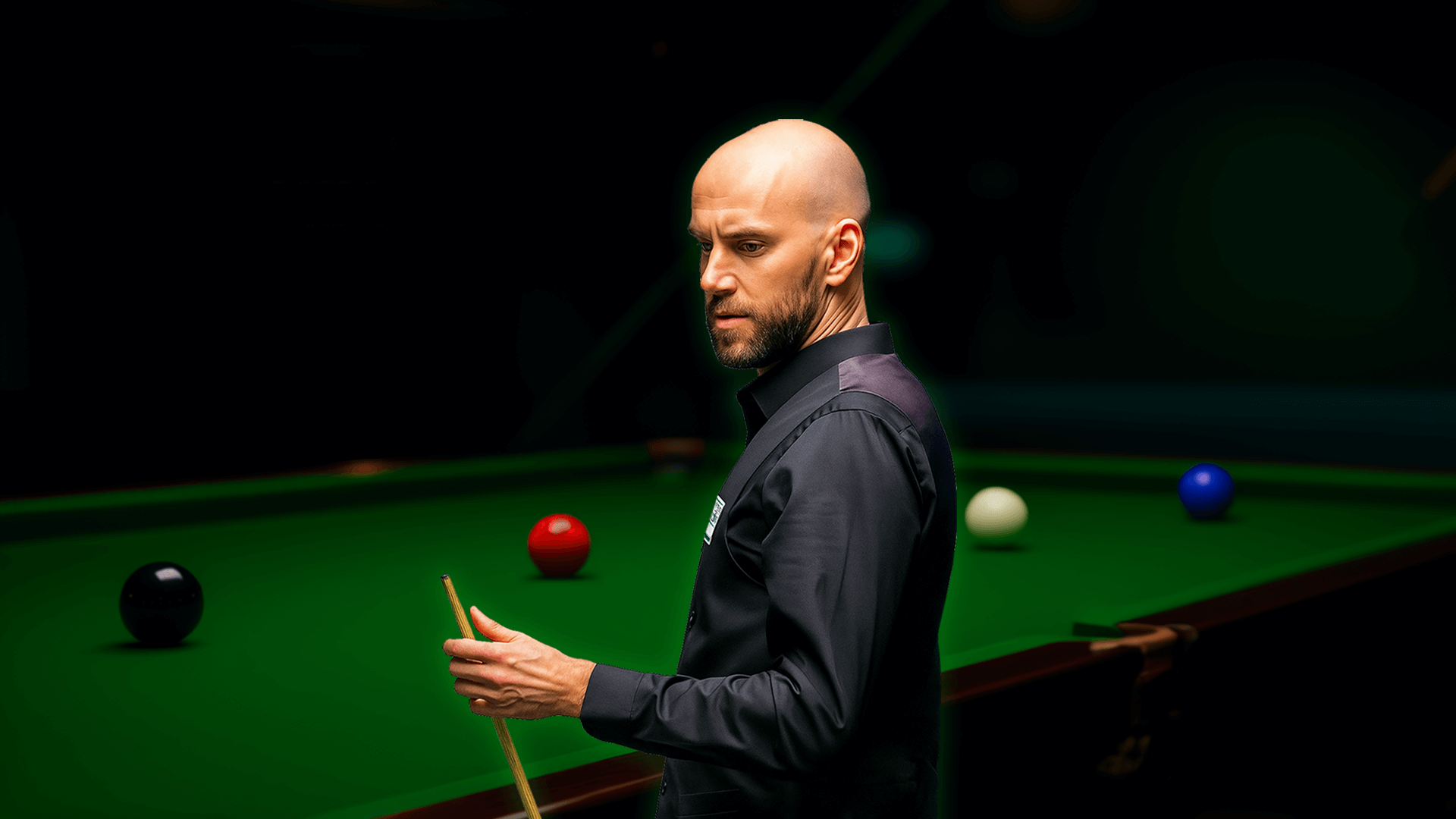 Snooker player Ian Burns preparing to take a shot on a snooker table